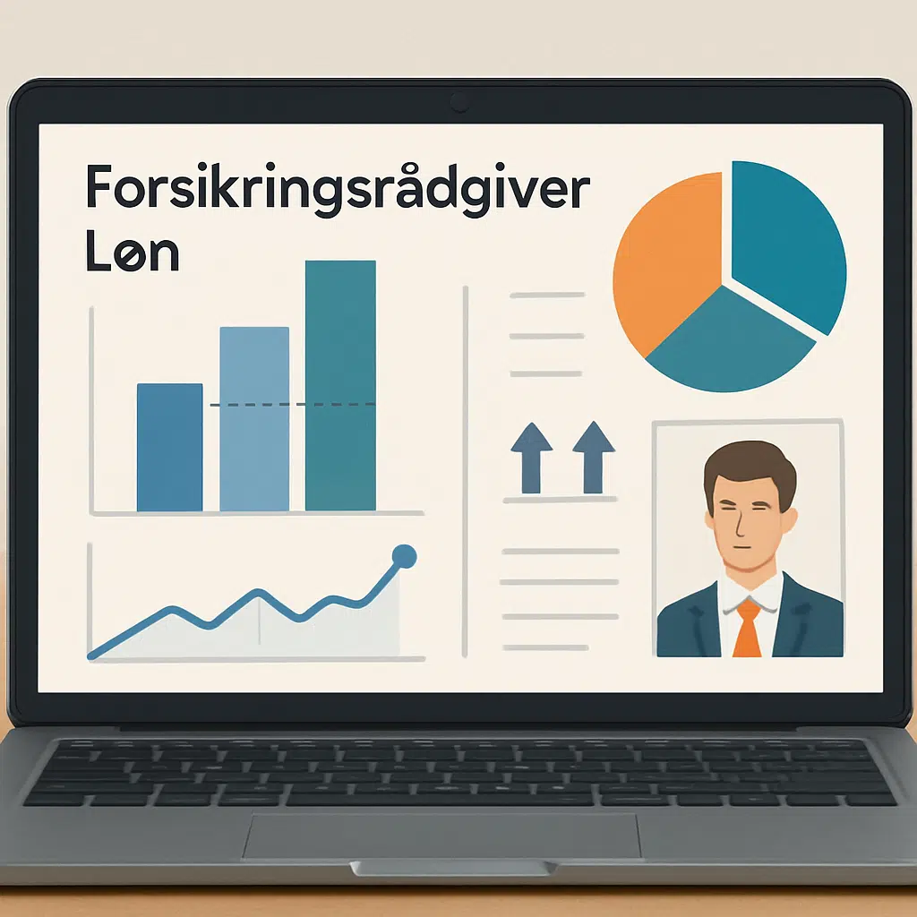 Forsikringsrådgiver løn vist med grafer og diagrammer på computer, der illustrerer gennemsnit, bonusser og karrieretips 2024