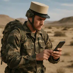 En fremmedlegionær i kamuflageuniform tjekker sin lønseddel på mobiltelefon under træning i ørkenlandskab