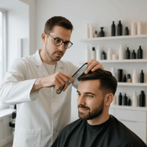 Frisør i hvid kittel klipper en kundes hår i en lys, moderne salon med stylingprodukter på hylder.