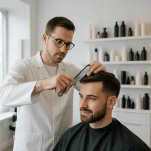 Frisør i hvid kittel klipper en kundes hår i en lys, moderne salon med stylingprodukter på hylder.