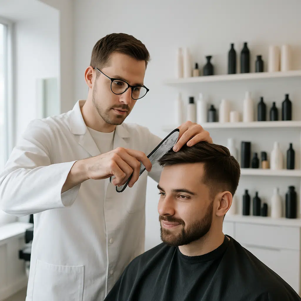 Frisør i hvid kittel klipper en kundes hår i en lys, moderne salon med stylingprodukter på hylder.