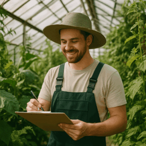 Gartner i drivhus omgivet af frodige planter, der symboliserer en artikel om gartner løn 2023 og lønforhandlingstips.