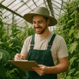 Gartner i drivhus omgivet af frodige planter, der symboliserer en artikel om gartner løn 2023 og lønforhandlingstips.