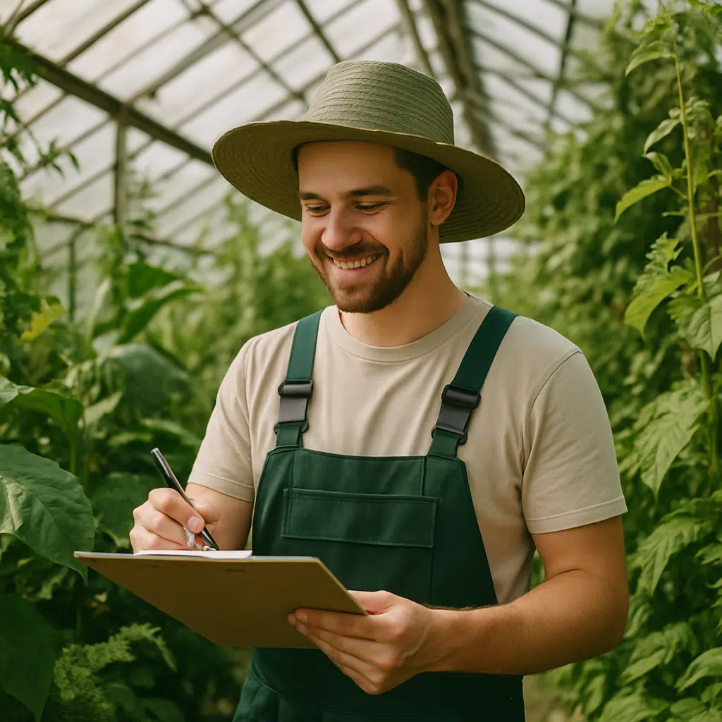 Gartner i drivhus omgivet af frodige planter, der symboliserer en artikel om gartner løn 2023 og lønforhandlingstips.