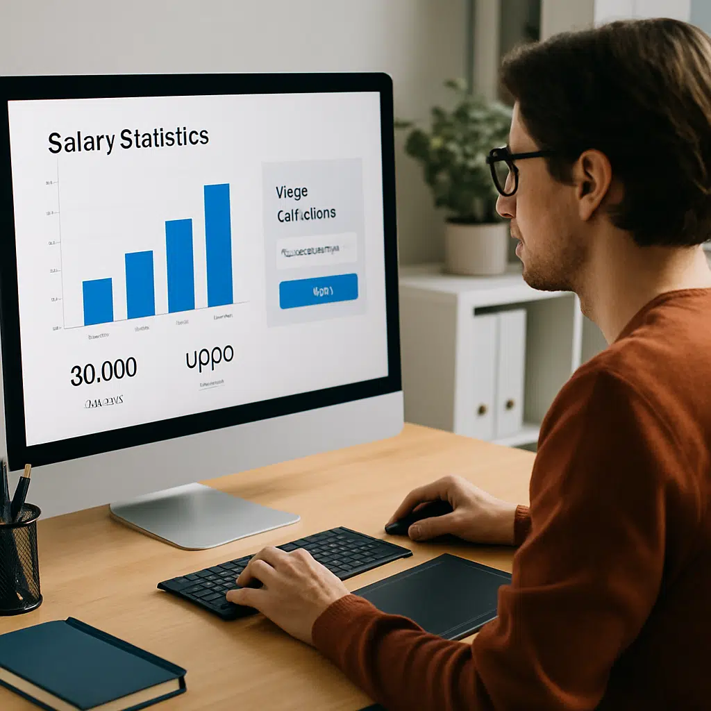 Grafisk designer arbejder ved computer med skærm, der viser lønstatistik for 2023 og en gratis lønberegner.