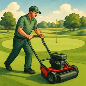 Greenkeeper klipper græsset på en manicureret puttinggreen på en solrig golfbane – illustration til greenkeeper-løn i 2023