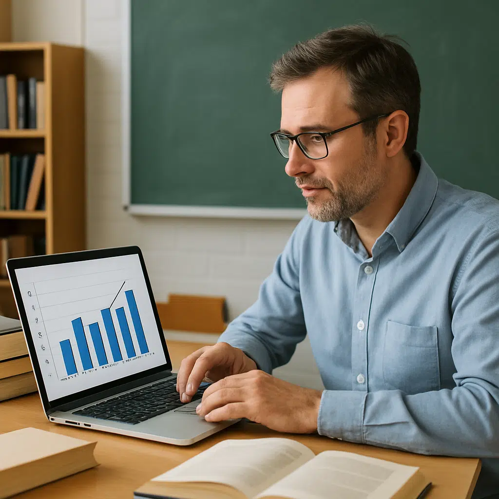 Gymnasielærer gennemgår lønstatistik på bærbar computer i klasseværelse med bøger og tavle