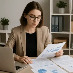 HR-konsulent ved skrivebord gennemgår regneark og dokumenter med lønstatistikker for hr konsulent løn