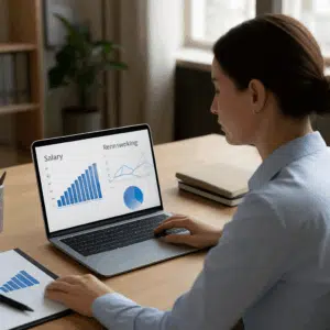 HR-medarbejder ved skrivebord studerer løngrafer og benchmarkingdata for 2024 på en bærbar computer