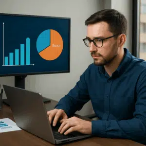 IT-teknolog ved skrivebord med laptop og grafer, der illustrerer lønniveauer og bonus i Danmark 2024 under forhandling.