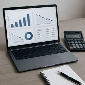 Laptop viser grafer og tal for indkøbsassistent løn, kalkulator, pen og noter til lønforhandling på skrivebord.