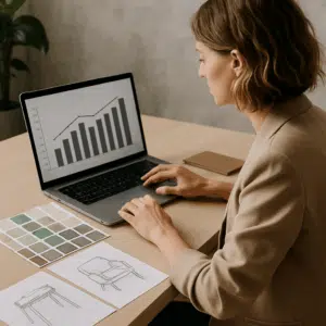 Indretningsarkitekt gennemgår lønstatistik på laptop ved skrivebord med farveprøver og møbelskitser