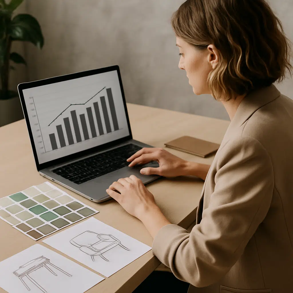 Indretningsarkitekt gennemgår lønstatistik på laptop ved skrivebord med farveprøver og møbelskitser