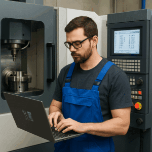 Industritekniker i blå overalls foran CNC-maskine, der tjekker løndata og tillæg på laptop