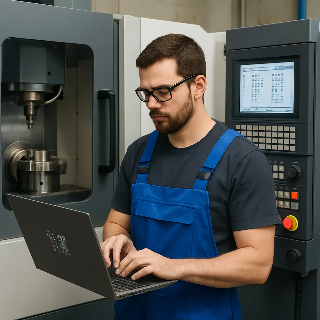 Industritekniker i blå overalls foran CNC-maskine, der tjekker løndata og tillæg på laptop