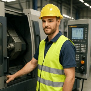 Industrioperatør med hjelm og sikkerhedsvest ved en produktionsmaskine, illustrerer industrioperatør løn samt karrieremuligheder i 2024