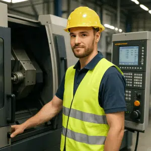 Industrioperatør med hjelm og sikkerhedsvest ved en produktionsmaskine, illustrerer industrioperatør løn samt karrieremuligheder i 2024