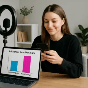 Influencer siddende ved skrivebord med smartphone og laptop, hvor en farverig graf viser gennemsnitlig influencer løn og topindtjening i Danmark 2024.