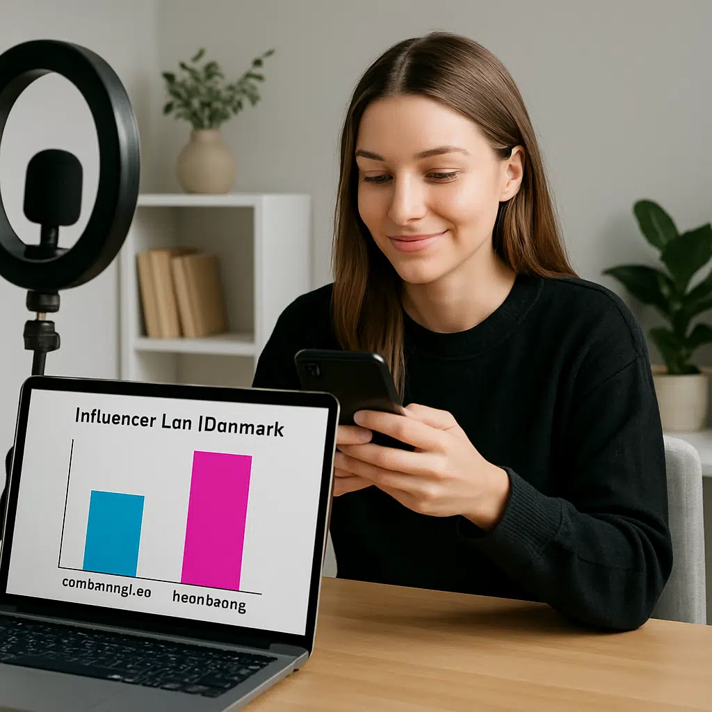 Influencer siddende ved skrivebord med smartphone og laptop, hvor en farverig graf viser gennemsnitlig influencer løn og topindtjening i Danmark 2024.