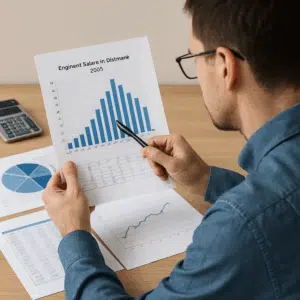 Ingeniør analyserer grafer og tabeller over ingeniør løn i Danmark 2024 som forberedelse til lønforhandling.