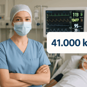 Sygeplejerske i intensivafdeling foran patientovervågning med grafik om intensiv sygeplejerske løn