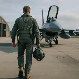 Jagerpilot i flyvedragt gående mod sit kampfly på flyvestation, klar til mission og symbol på pilotløn og karriere i forsvaret.