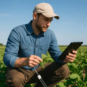 Jordbrugsteknolog i mark med tablet måler jordens fugtighed og undersøger planter under en klar himmel.