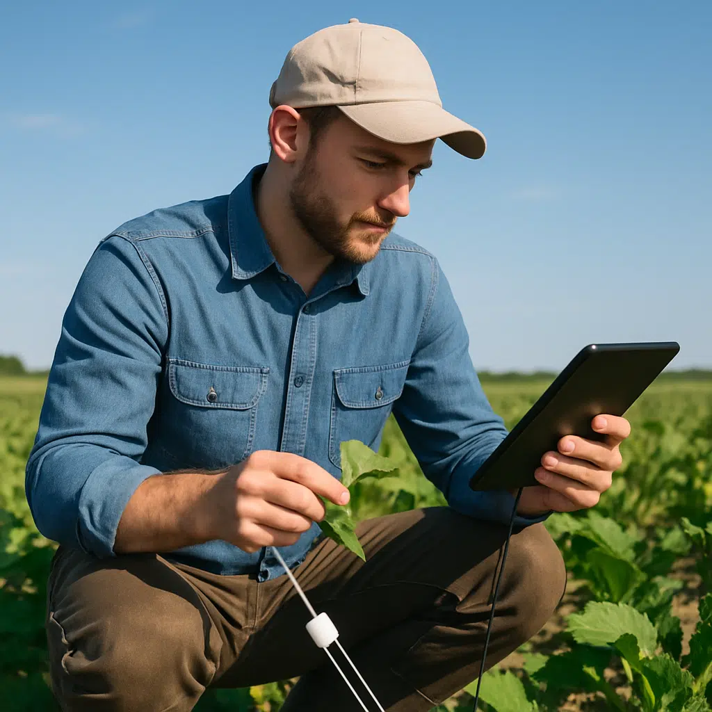 Jordbrugsteknolog i mark med tablet måler jordens fugtighed og undersøger planter under en klar himmel.