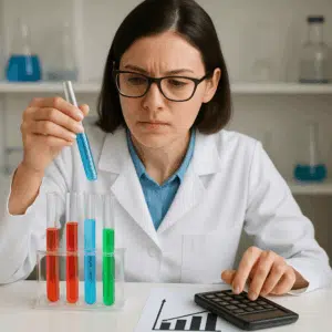 Kemiingeniør i laboratoriearbejde med reagensglas og lommeregner, symboliserer lønforventninger og lønskala for 2024.