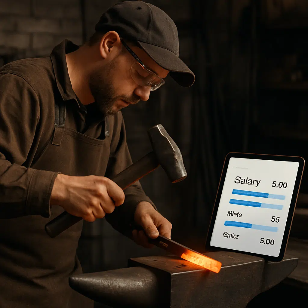 En klejnsmed arbejder ved en ambolt, mens en tablet ved siden af viser en oversigt over løn, tillæg og bonusser
