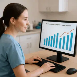 Klinikassistent ved pc med skærm, der viser diagram over klinikassistent løn og gennemsnitlige stigninger 2024