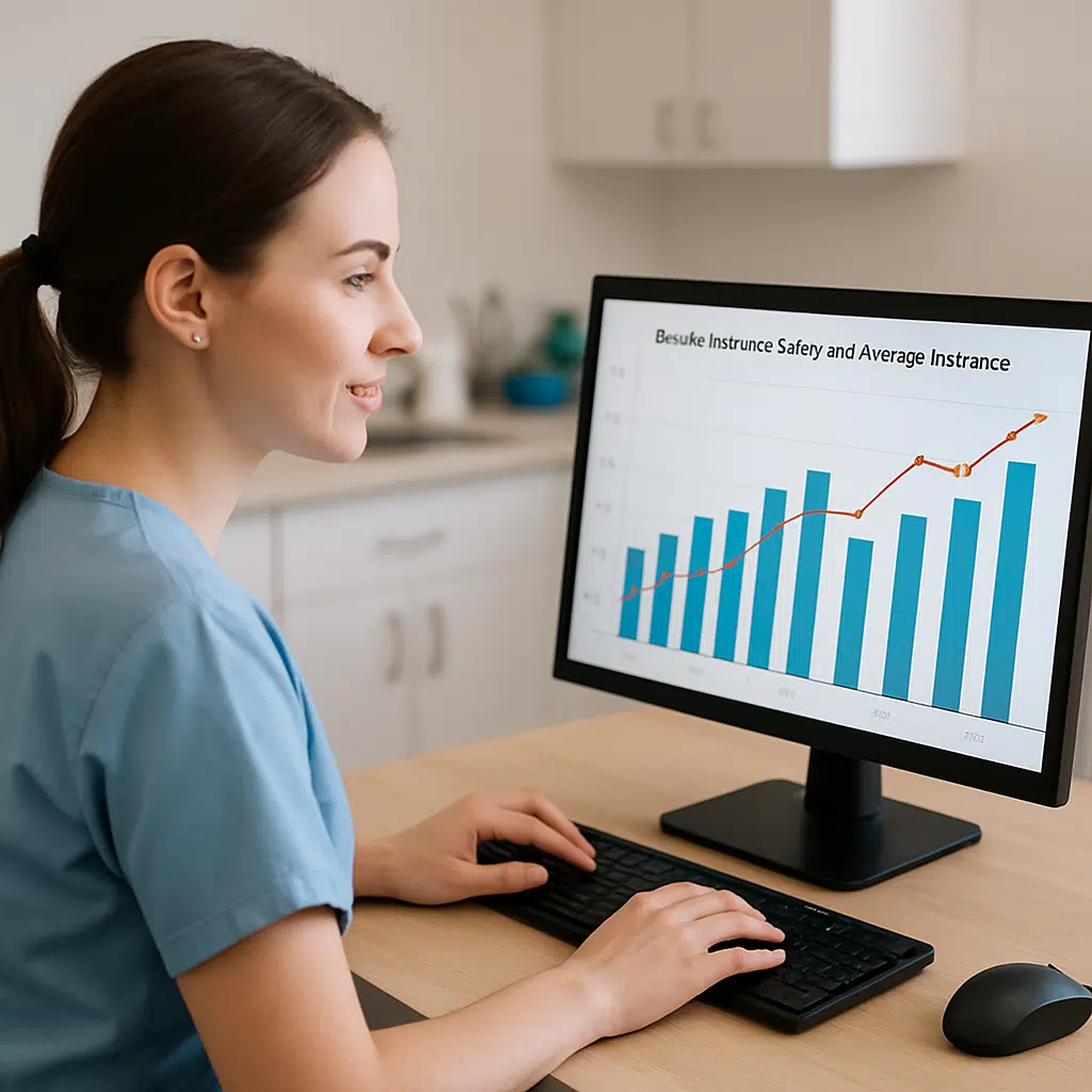 Klinikassistent ved pc med skærm, der viser diagram over klinikassistent løn og gennemsnitlige stigninger 2024