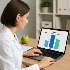 Klinisk diætist lønberegning på laptop med grafik over gennemsnit, tillæg og bonusser 2024