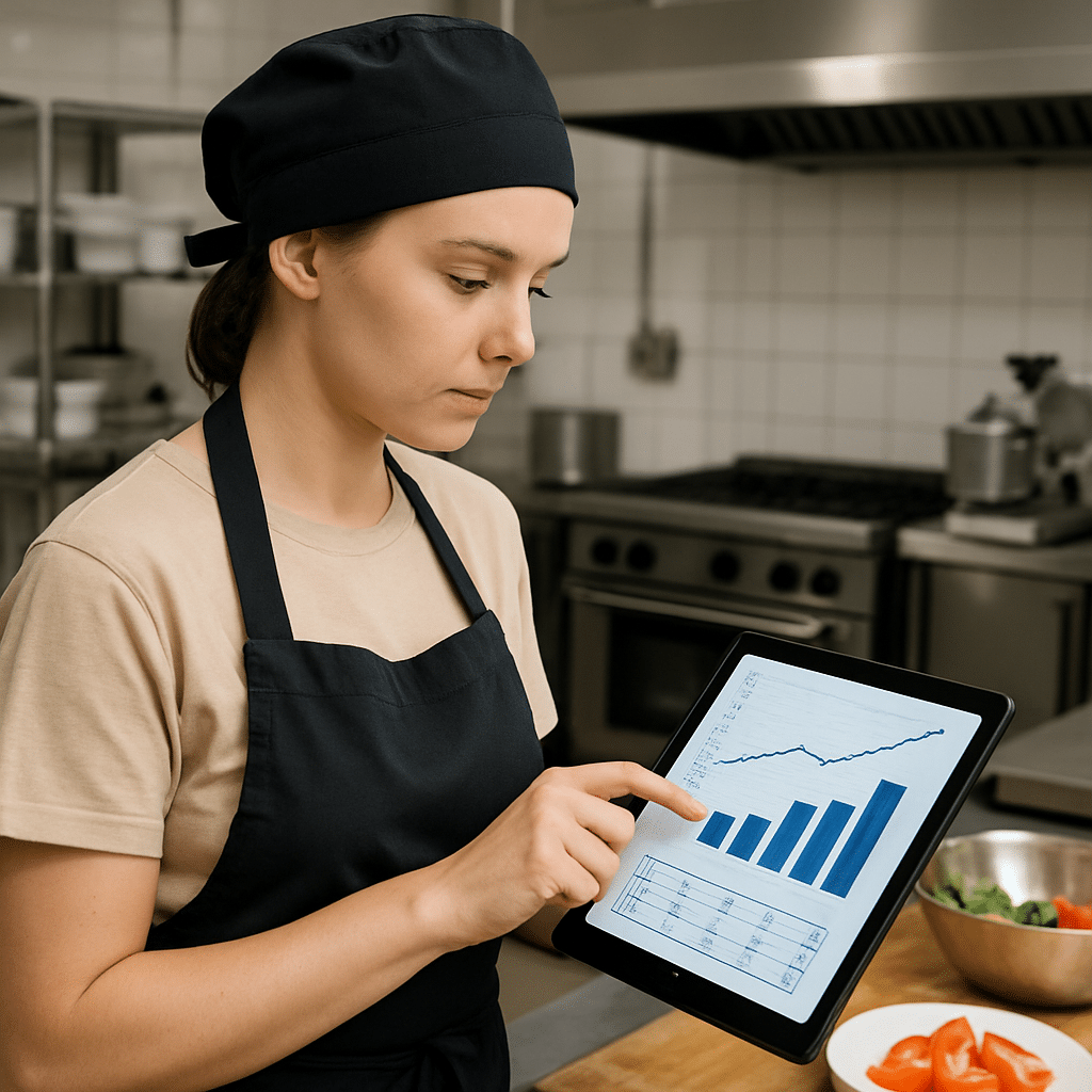 Køkkenassistent i professionelt køkken gennemgår køkkenassistent lønstatistik for 2024 på tablet og forbereder lønforhandling.