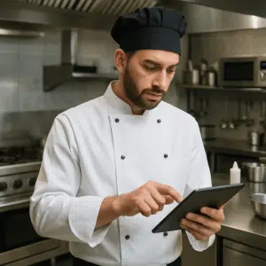 En kok i hvid jakke står i et moderne storkøkken og tjekker kok løn 2024-gennemsnit på en tablet, klar til lønforhandling.