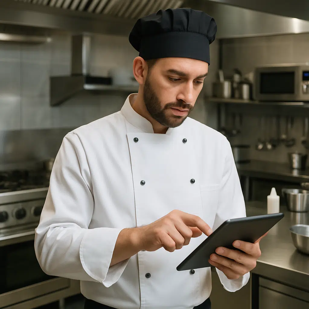 En kok i hvid jakke står i et moderne storkøkken og tjekker kok løn 2024-gennemsnit på en tablet, klar til lønforhandling.