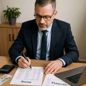 Kommunaldirektør lønforhandling ved skrivebord med lønsedler, bonusoversigt og pensionsdokumenter