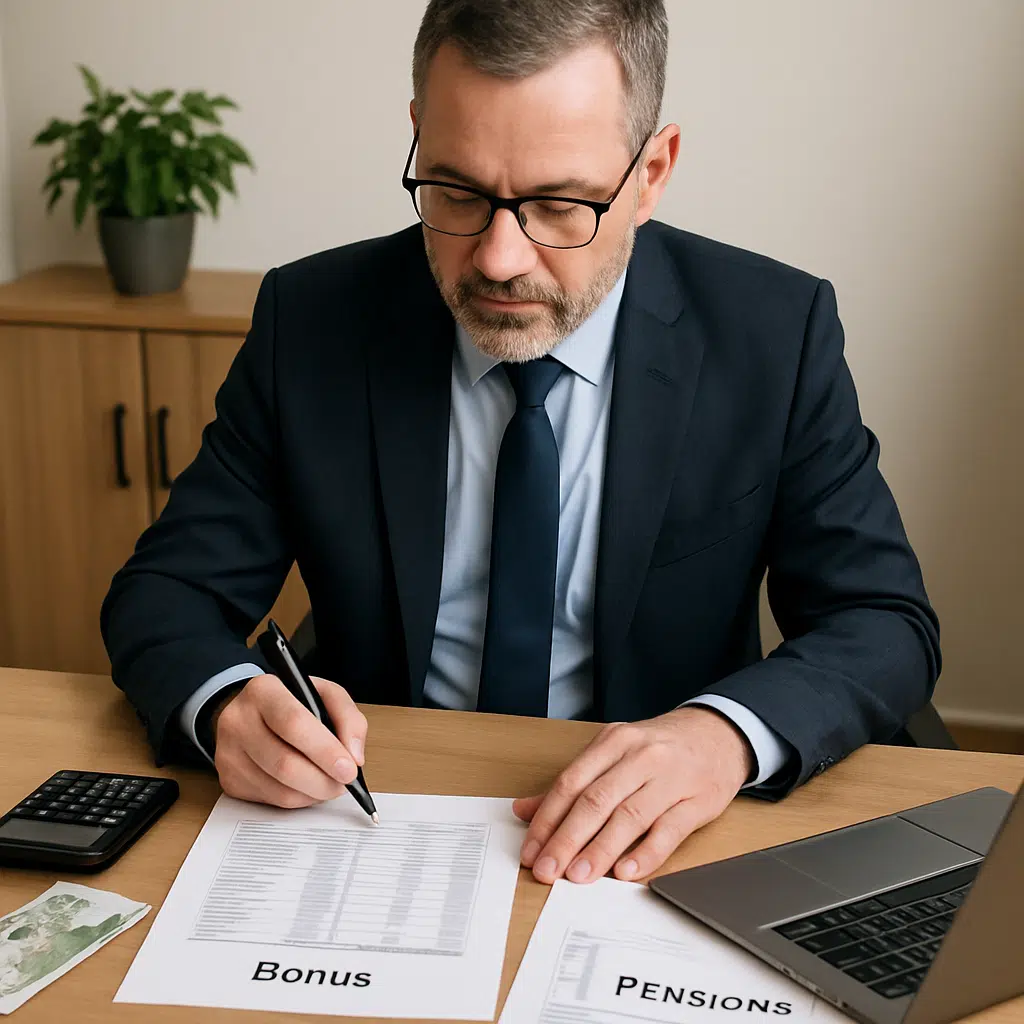 Kommunaldirektør lønforhandling ved skrivebord med lønsedler, bonusoversigt og pensionsdokumenter