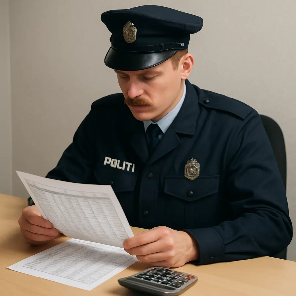 En politikonstabel i uniform sidder ved skrivebord og gennemgår lønopgørelse med regneark og kalkulator.