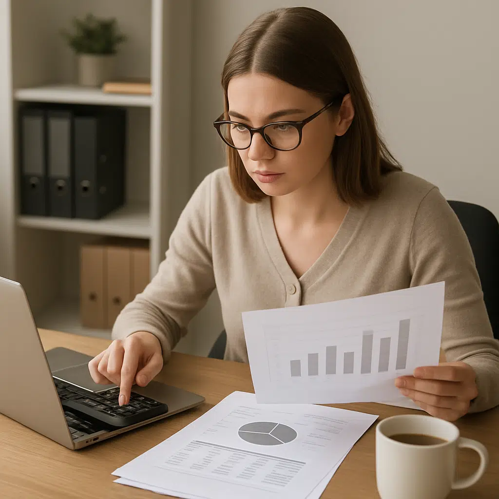 Kontorassistent ved skrivebord med bærbar, papirer, lommeregner og kaffekop, mens hun gennemgår lønstatistik og forbereder lønforhandling.
