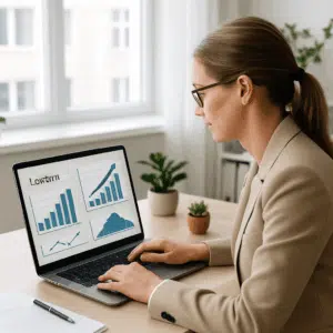 Kontorkoordinator gennemgår lønstatistikker på laptop med grafer over løntrin for 2024 i lyst kontormiljø