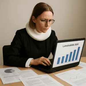 Kvindelig kordegn studerer lønstatistikken for 2024 på en laptop omgivet af regnskabspapirer og karrieredokumenter