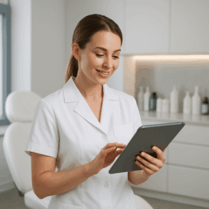 Kosmetisk sygeplejerske i hvid kitel gennemgår lønoverblik på tablet i moderne klinikmiljø