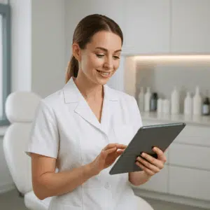 Kosmetisk sygeplejerske i hvid kitel gennemgår lønoverblik på tablet i moderne klinikmiljø