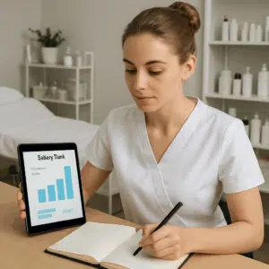 Kosmetolog i moderne salon gennemgår løndata på tablet, mens hun noterer startløn og bonus i sin notesbog.