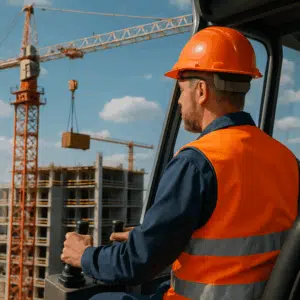 Kranfører med hjelm og sikkerhedsvest styrer en tårnkran på byggepladsen, der symboliserer kranfører løn 2024