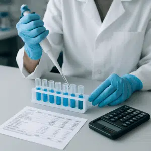 Laborant pipetterer prøver ved laboratoriebænk med lønsedler og lommeregner – symbol på laborant løn, lønforhandling 2024