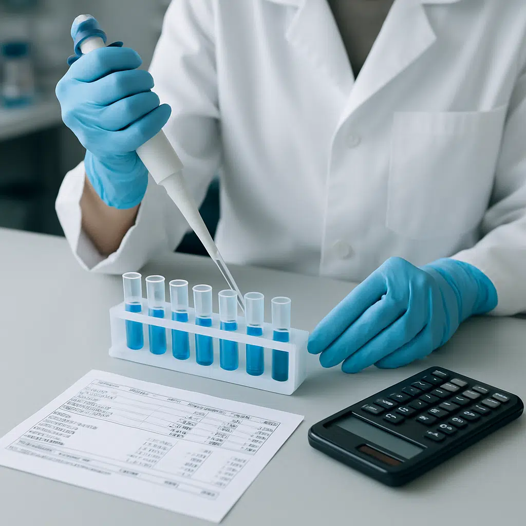 Laborant pipetterer prøver ved laboratoriebænk med lønsedler og lommeregner – symbol på laborant løn, lønforhandling 2024