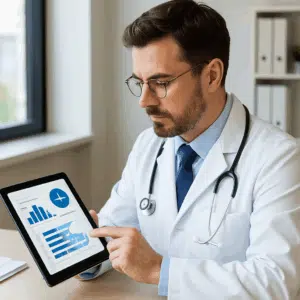 Læge i hvid kittel, der gennemgår lønstatistikker og tillæg på en tablet ved skrivebord.
