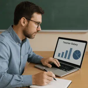 Lærer gennemgår lærer løn-data på laptop ved skrivebord med notesblok og pen i hånden.